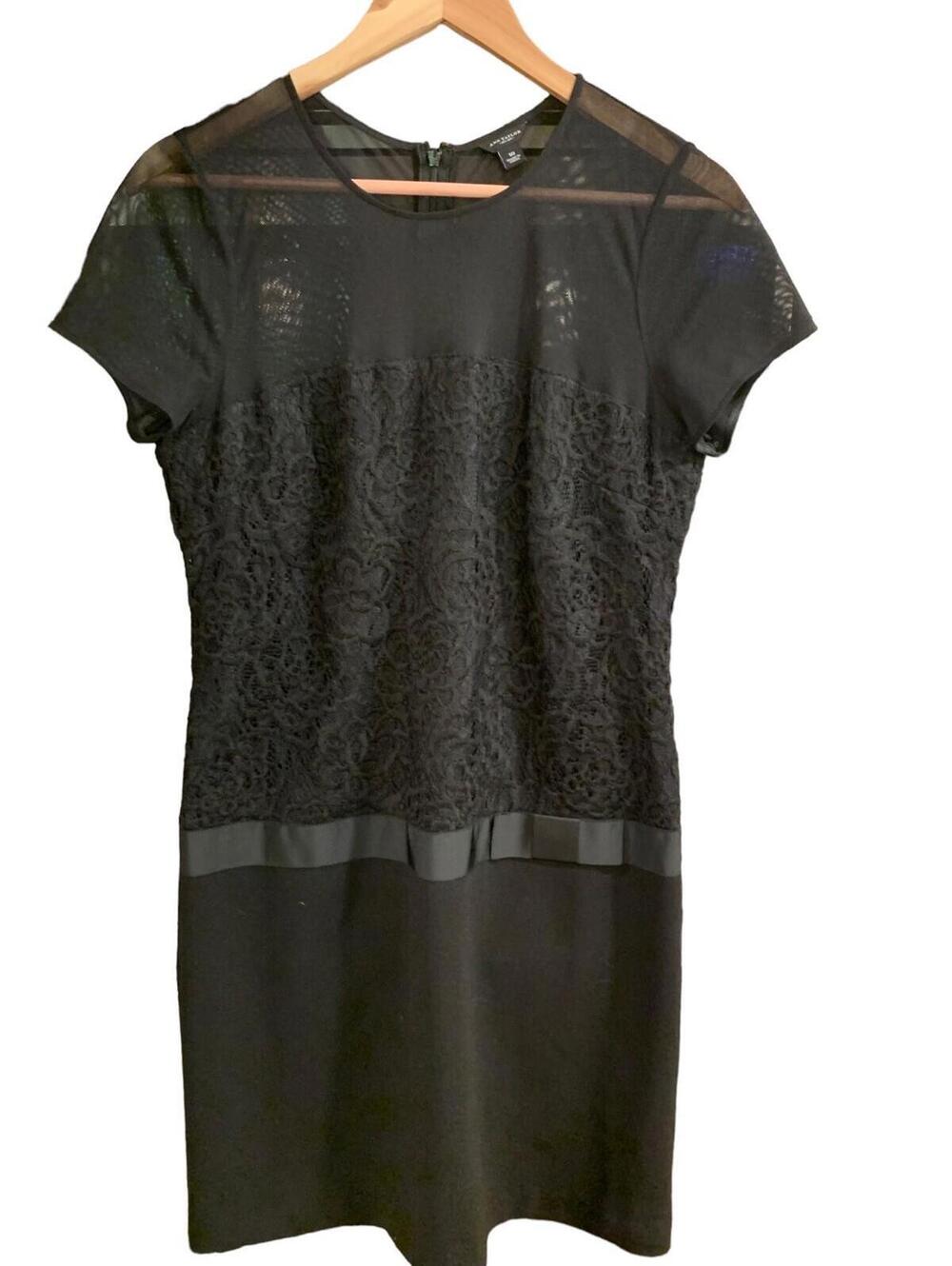 Ann Taylor Black Mesh Lace Pencil Dress Size 10 Short Sleeve Knee Length LBD